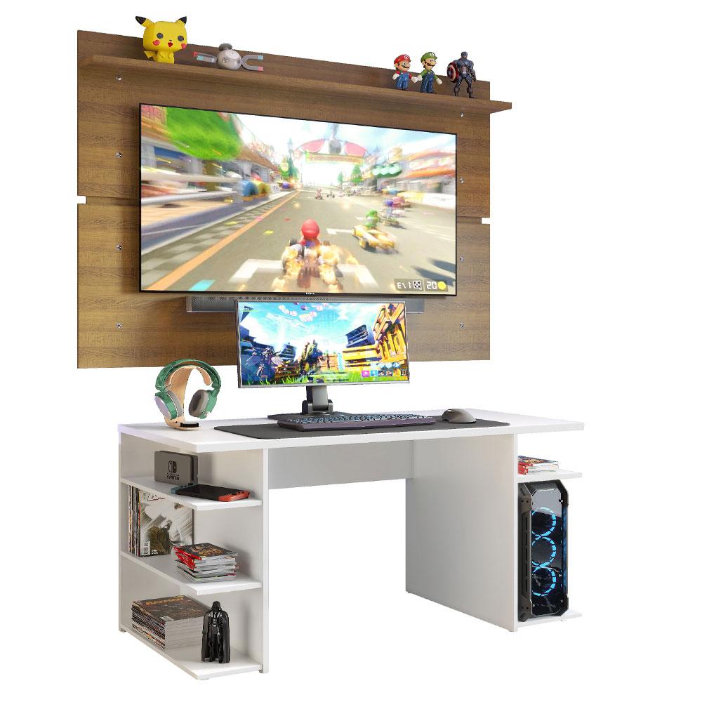Mesa para Computador Gamer Madesa 9409 e Painel para TV até 65 Polegadas - Branco/Rustic