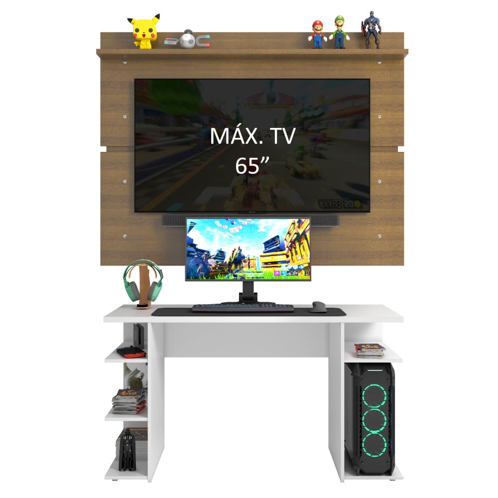 Mesa para Computador Gamer Madesa 9409 e Painel para TV até 65 Polegadas - Branco/Rustic