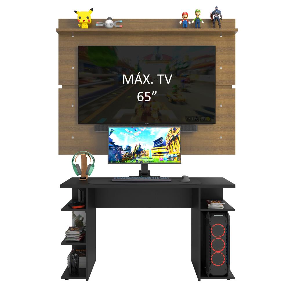 Mesa para Computador Gamer Madesa 9409 e Painel para TV até 65 Polegadas - Preto/Rustic