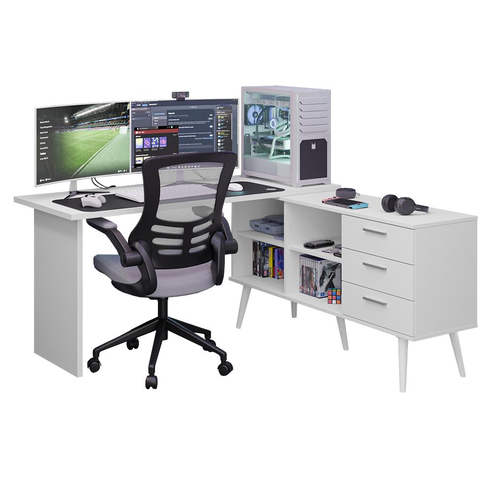 Mesa para Computador Gamer em L 3 Gavetas Branco Lisboa Madesa