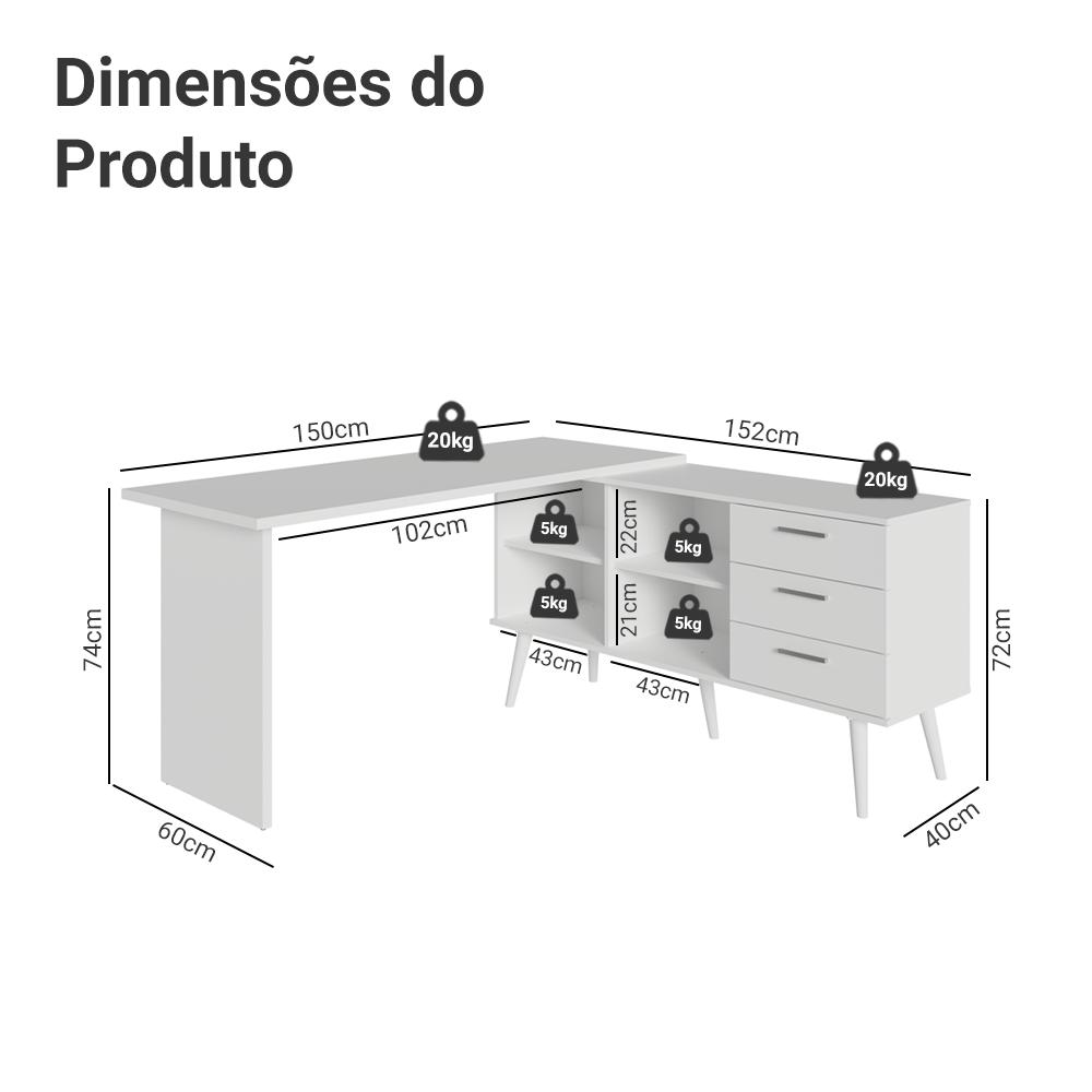 Mesa para Computador Gamer em L 3 Gavetas Branco Lisboa Madesa
