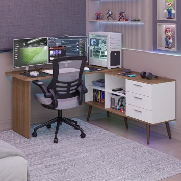 Mesa para Computador Gamer em L 3 Gavetas Branco/Rustic Lisboa Madesa