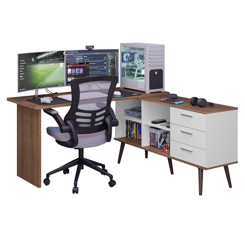 Mesa para Computador Gamer em L 3 Gavetas Branco/Rustic Lisboa Madesa