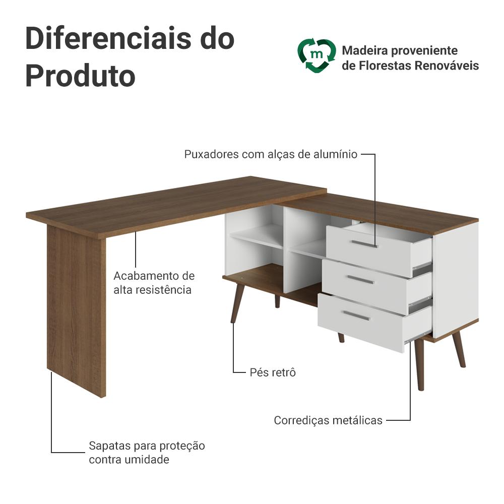 Mesa para Computador Gamer em L 3 Gavetas Branco/Rustic Lisboa Madesa