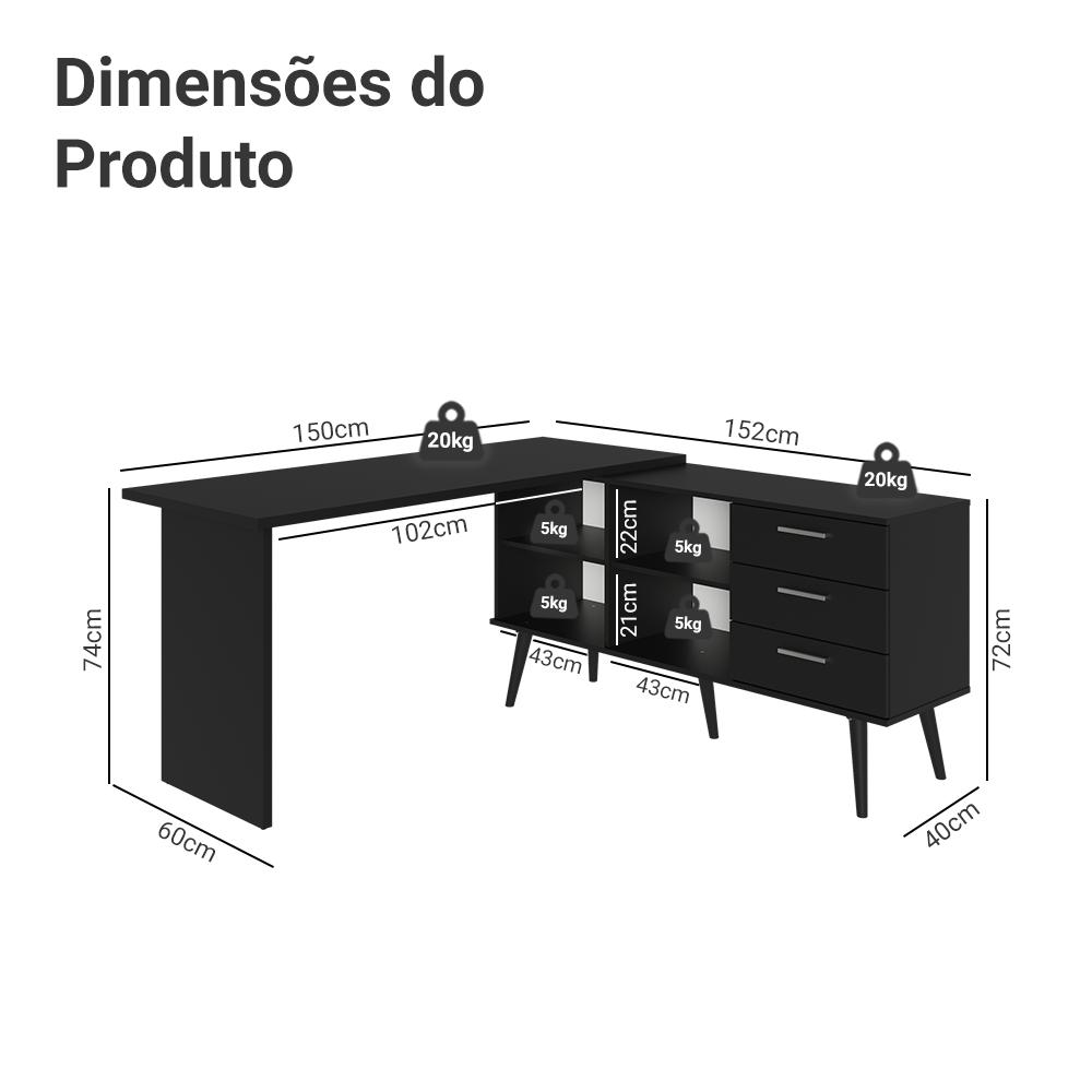 Mesa para Computador Gamer em L 3 Gavetas Preto Lisboa Madesa