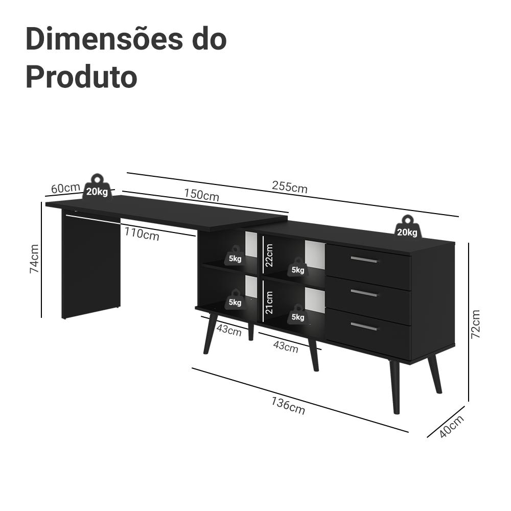 Mesa para Computador Gamer em L 3 Gavetas Preto Lisboa Madesa