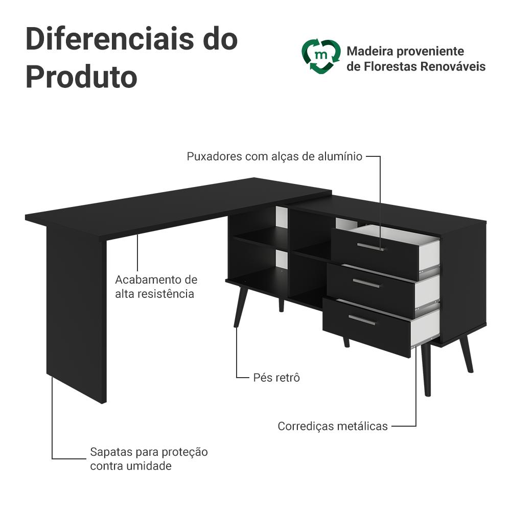 Mesa para Computador Gamer em L 3 Gavetas Preto Lisboa Madesa
