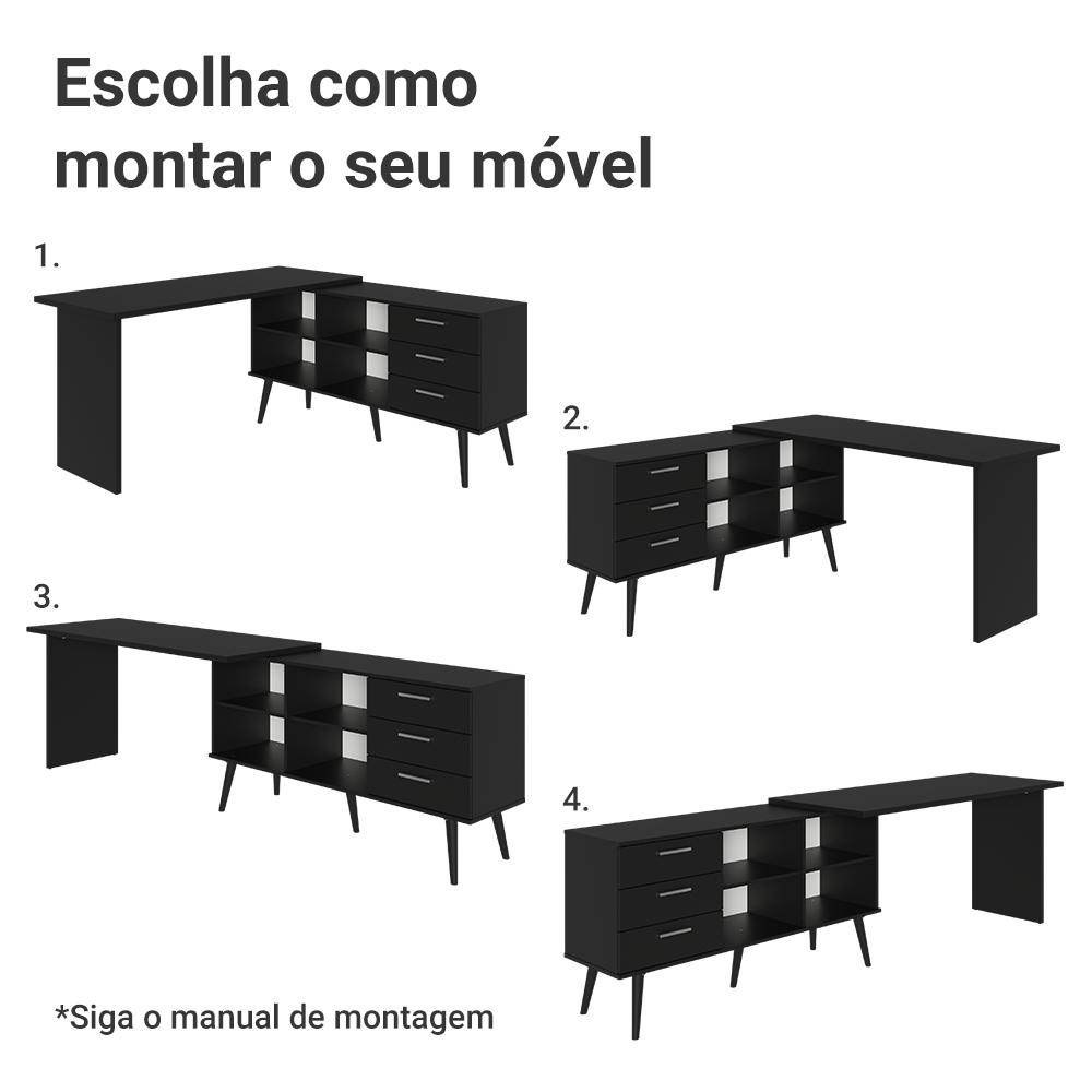 Mesa para Computador Gamer em L 3 Gavetas Preto Lisboa Madesa