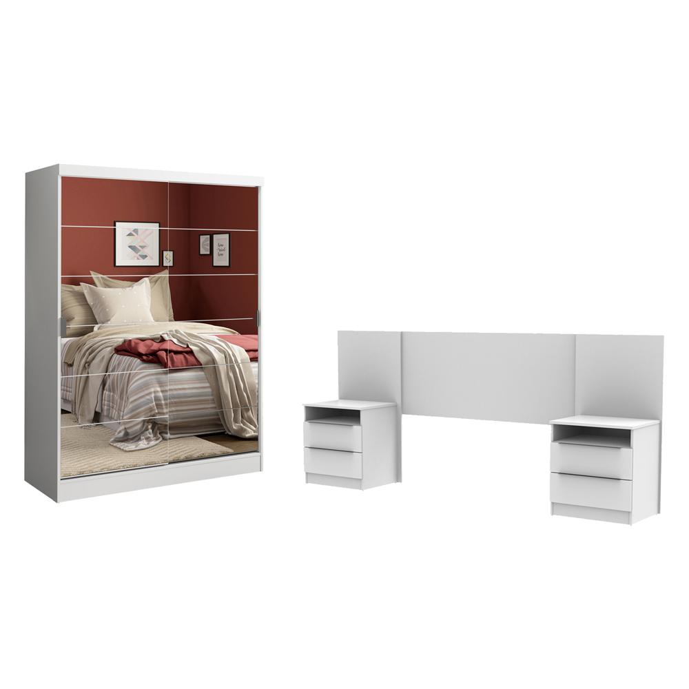 Quarto Completo com Guarda Roupa Luke e Cabeceira com 2 Mesas Laterais Madesa - Branco