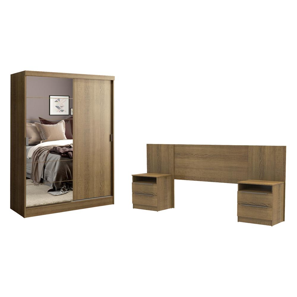 Quarto Completo com Guarda Roupa Luke e Cabeceira com 2 Mesas Laterais Madesa - Rustic