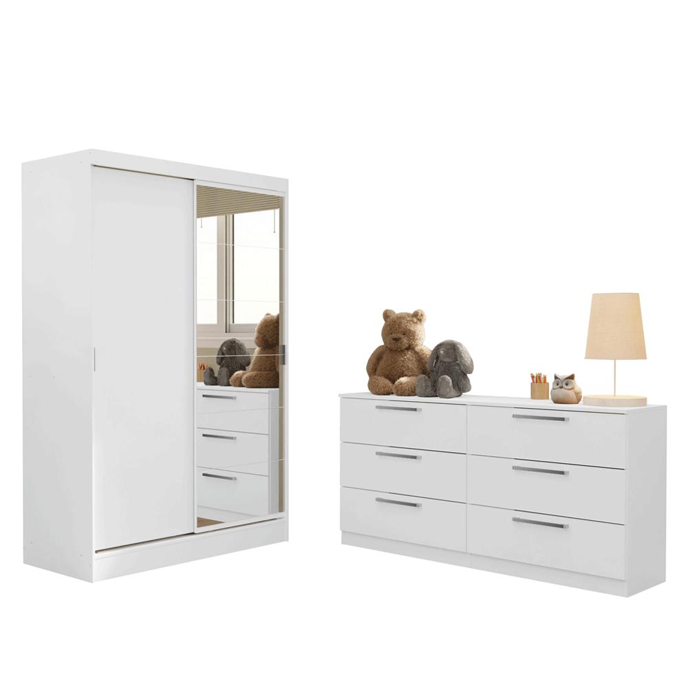 Quarto Infantil Completo Guarda Roupa 2 Portas 2 Gavetas com Espelho e Cômoda Madesa​