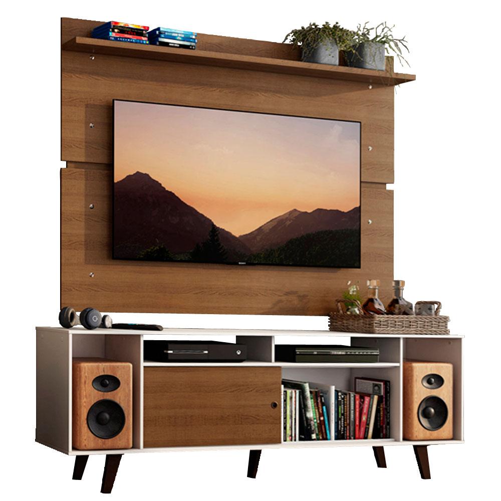 Rack Madesa Cancun com Pés e Painel para TV até 65 Polegadas - Branco/Rustic 9B5Z