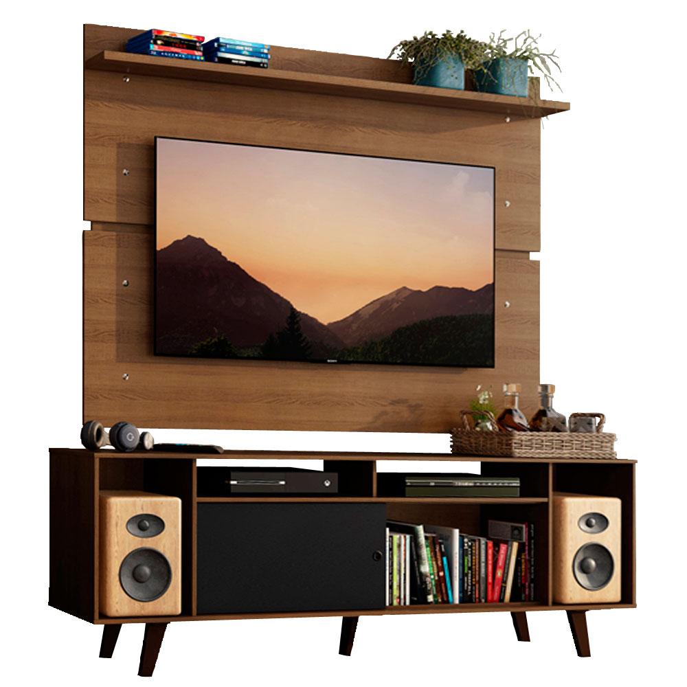 Rack Madesa Cancun com Pés e Painel para TV até 65 Polegadas - Rustic/Preto  7K5Z