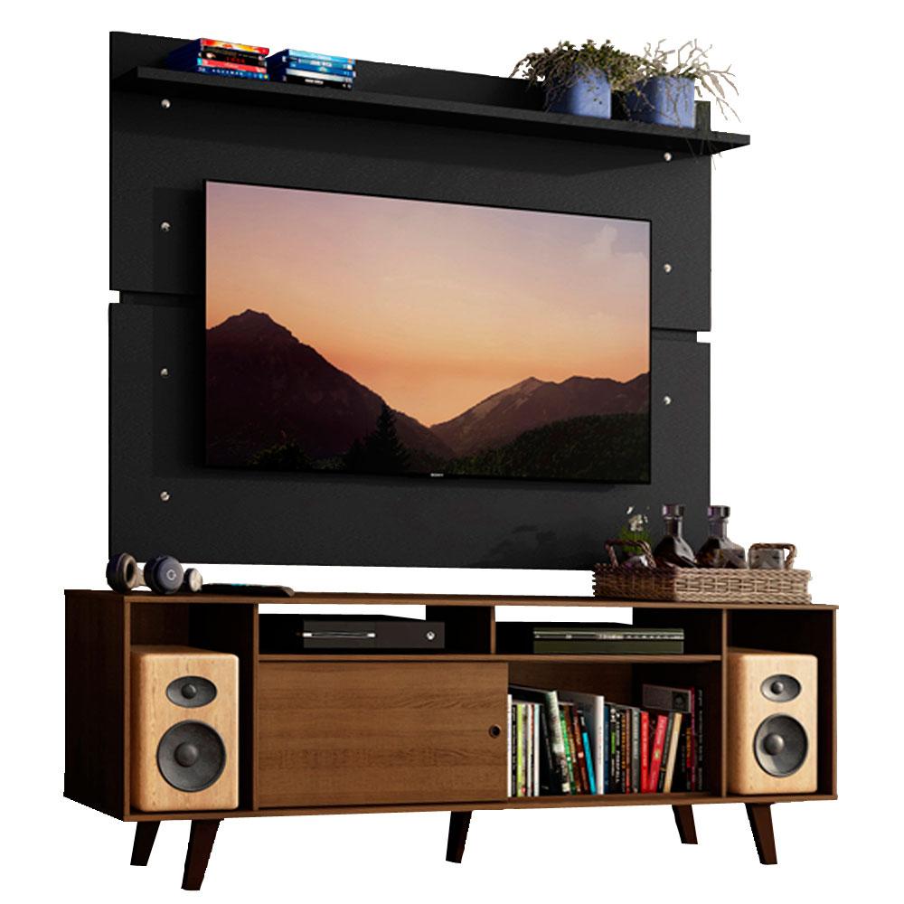 Rack Madesa Cancun com Pés e Painel para TV até 65 Polegadas - Rustic/Preto 5ZD8