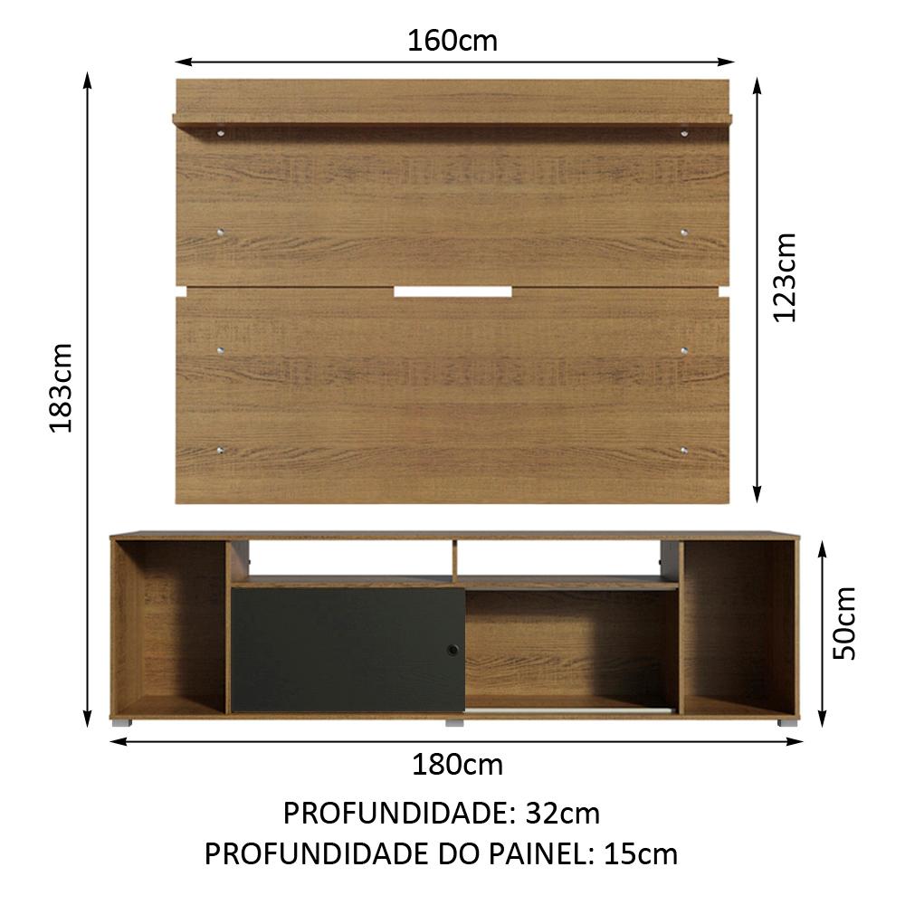 Rack Madesa Cancun e Painel para TV até 65 Polegadas - Rustic/Rustic/Preto