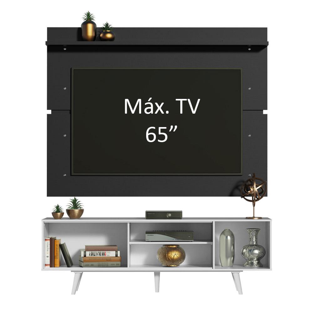 Rack Madesa Dubai e Painel para TV até 65 Polegadas com Pés - Branco/Preto 7377