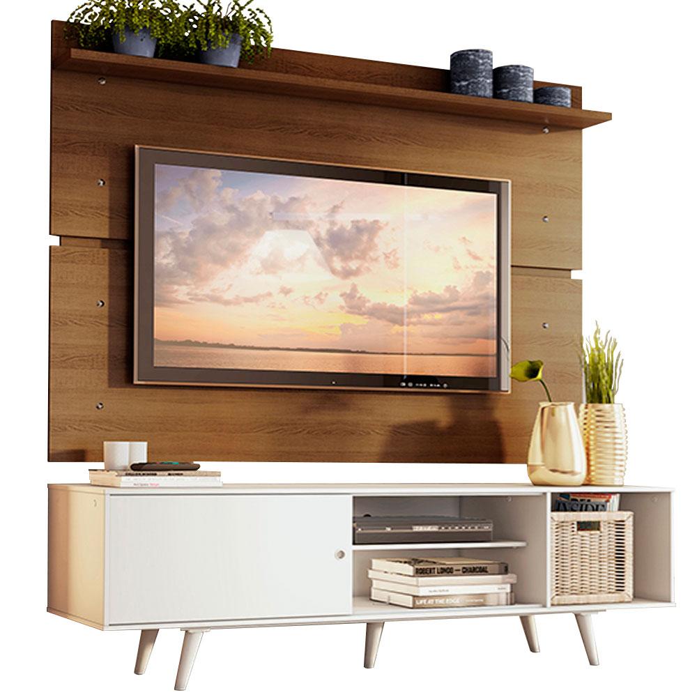Rack Madesa Dubai e Painel para TV até 65 Polegadas com Pés - Branco/Rustic 096E