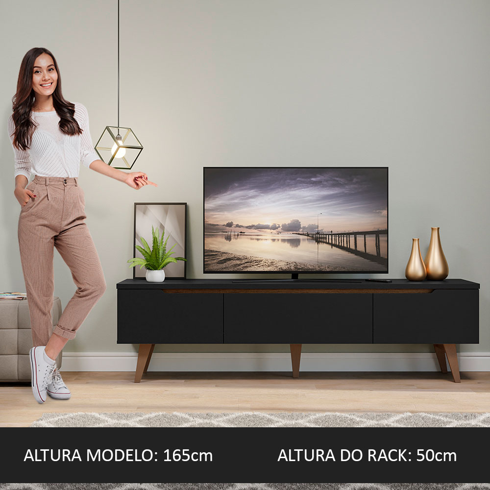 Rack Retrô Madesa Reims para TV até 75 Polegadas Pés de Madeira - Preto