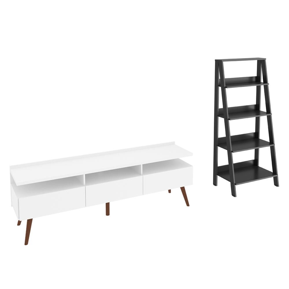 Rack para TV até 65 Polegadas Madesa Londres e Estante Escada - Branco/Preto