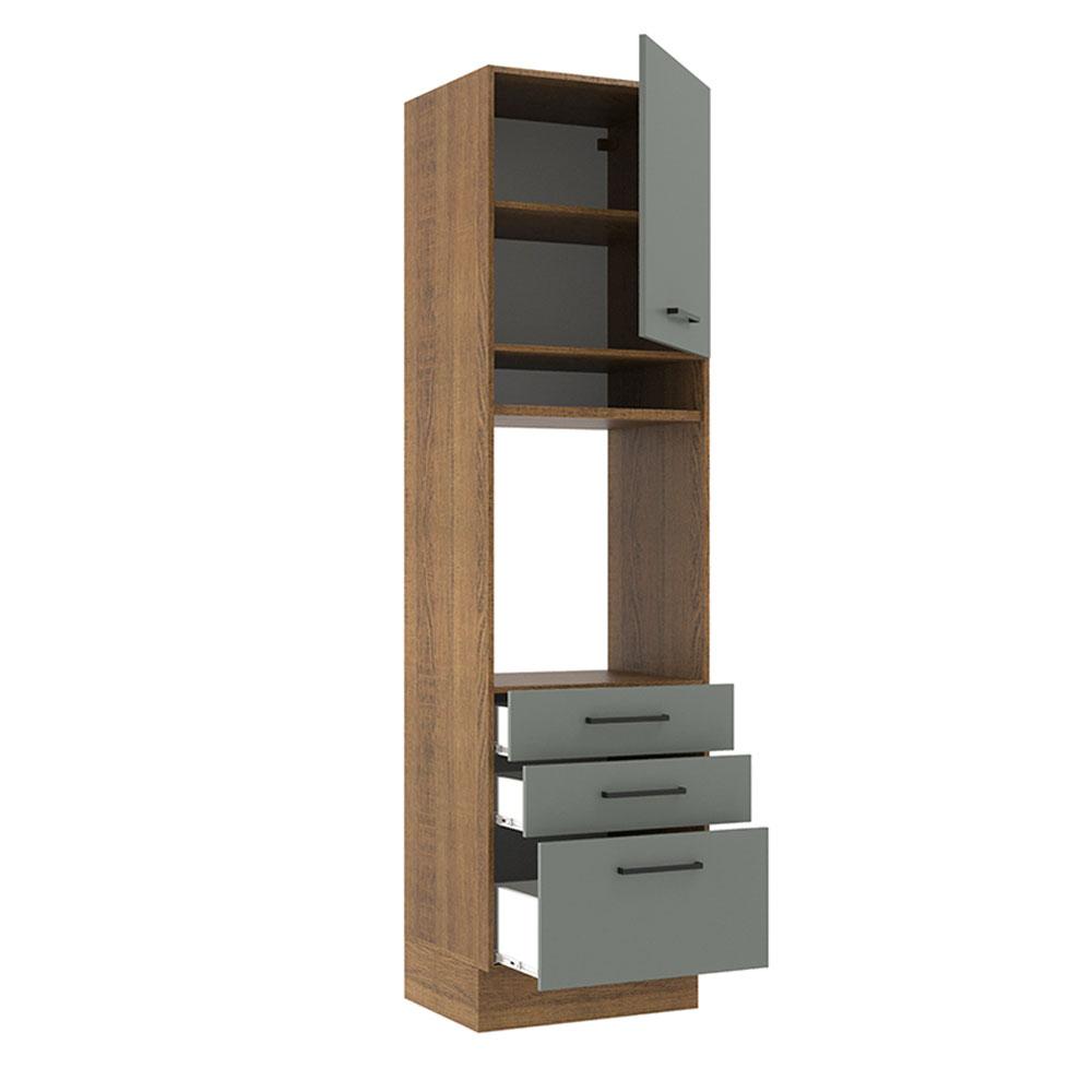 Torre Quente Armário de Cozinha 60 cm 1 Porta 3 Gavetas Rustic/Cinza Agata Madesa