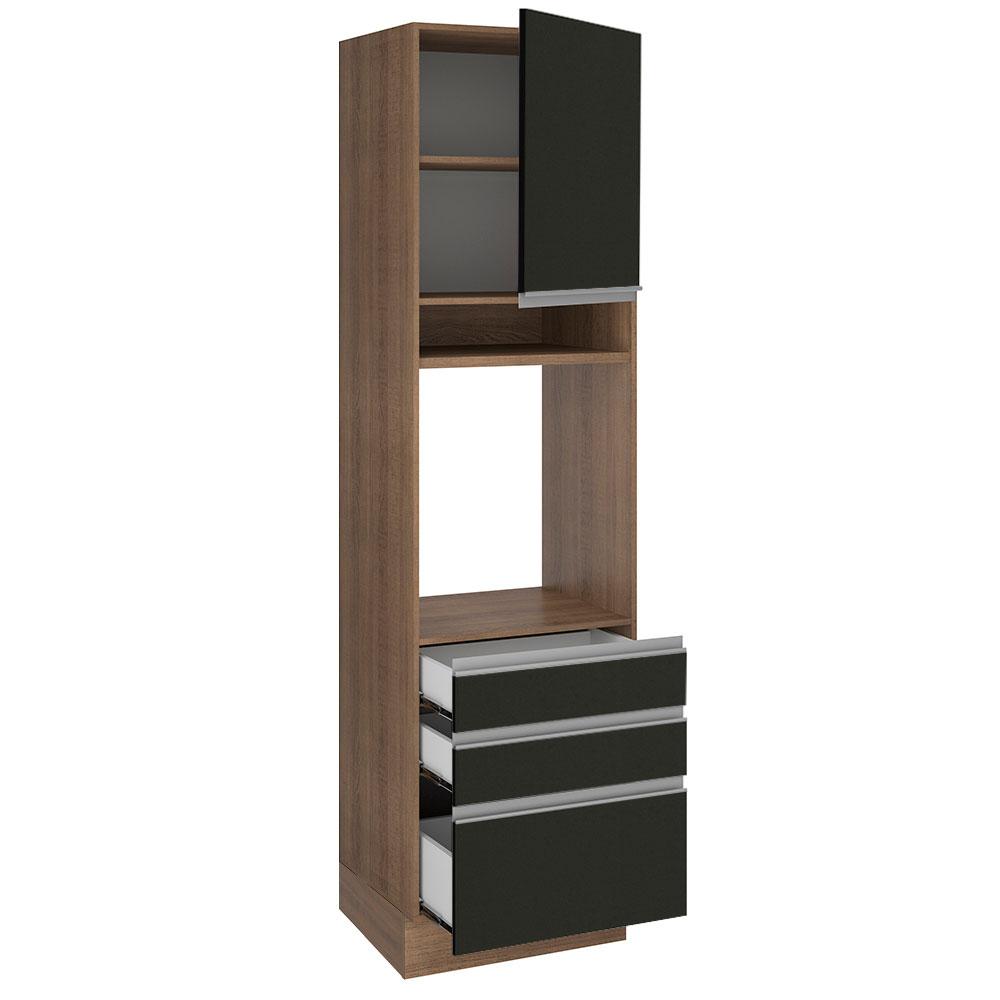 Torre Quente Armário de Cozinha 60 cm 1 Porta 3 Gavetas Rustic/Preto Glamy Madesa