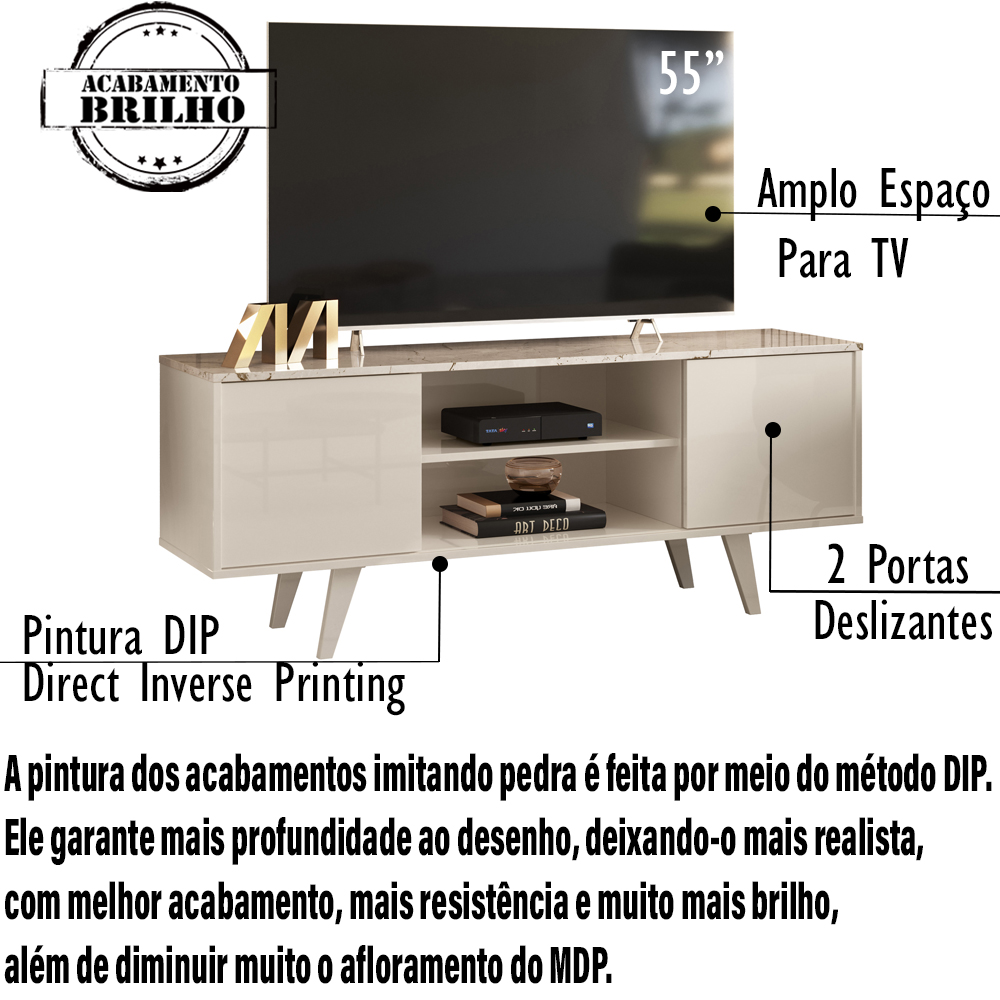 Bancada Rack TV 55 Polegadas 136cm 3951 Calacata Off White MDT