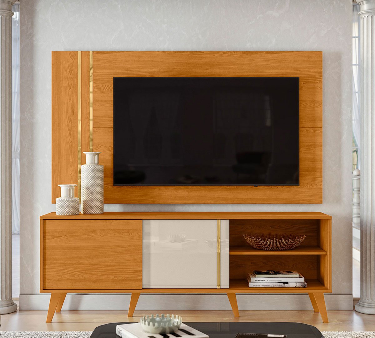 Bancada com Painel para Tv até 65 Polegadas Ares Cinamomo/Off White
