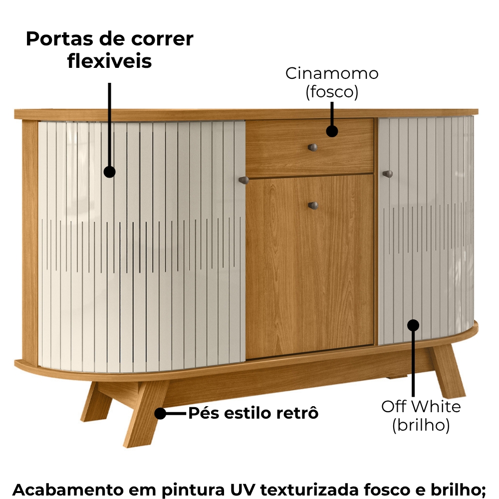 Buffet Aparador 3 Portas 136 cm Monza Cinamomo Off White Madetec