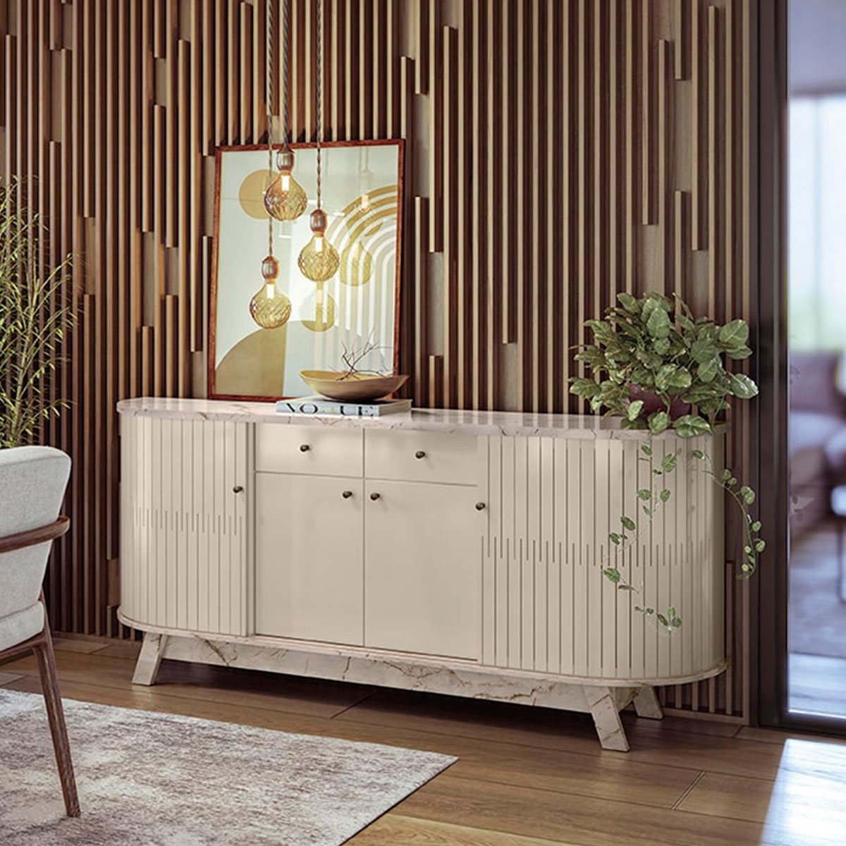 Buffet Aparador 4 Portas e 2 Gavetas 100% MDP Mônica Calacata/Off White