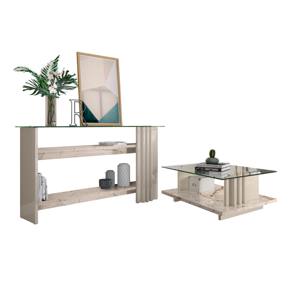 Conjunto Aparador e Mesa de Centro Kassia Calacata Off-White
