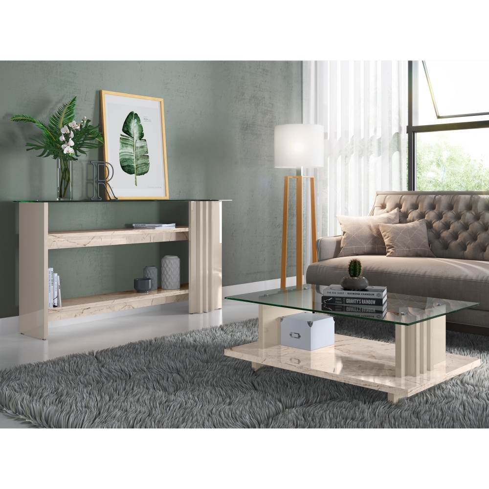 Conjunto Aparador e Mesa de Centro Kassia Calacata Off-White
