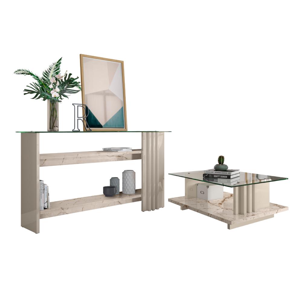 Conjunto Bancada e Mesa de Centro Darshan Calacata Off-White