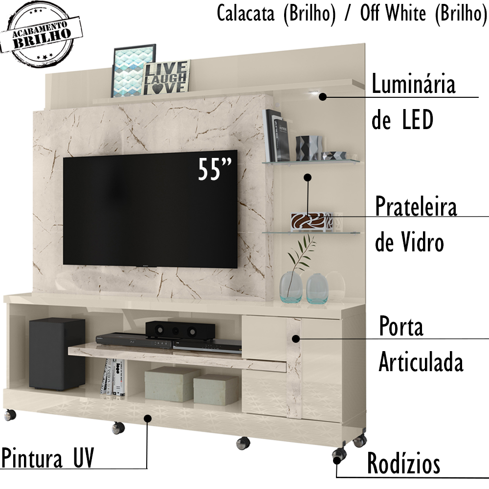 Estante Home Para TV 55 Pol Com Rodizios 9411 Calacata Off White MDT