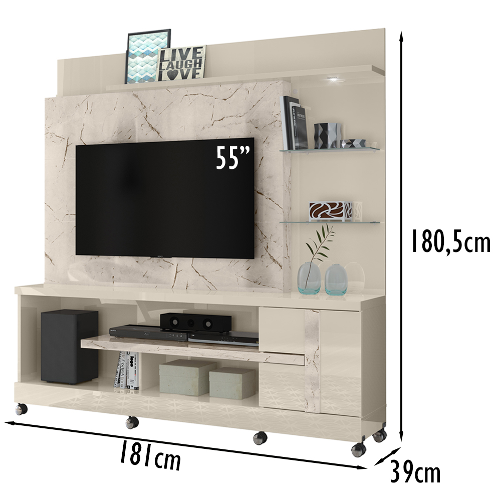 Estante Home Para TV 55 Pol Com Rodizios 9411 Calacata Off White MDT