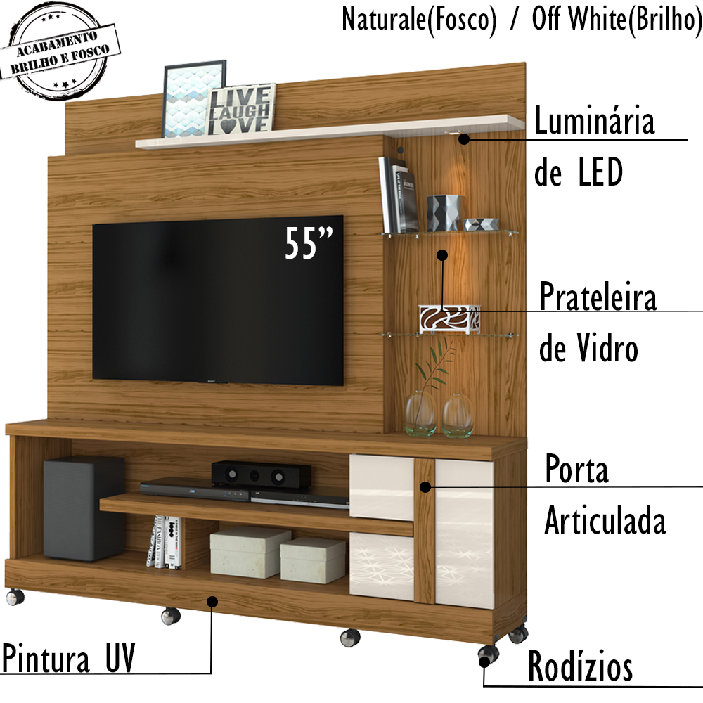 Estante Home Para TV 55 Pol Com Rodizios 9411 Naturale Off White MDT