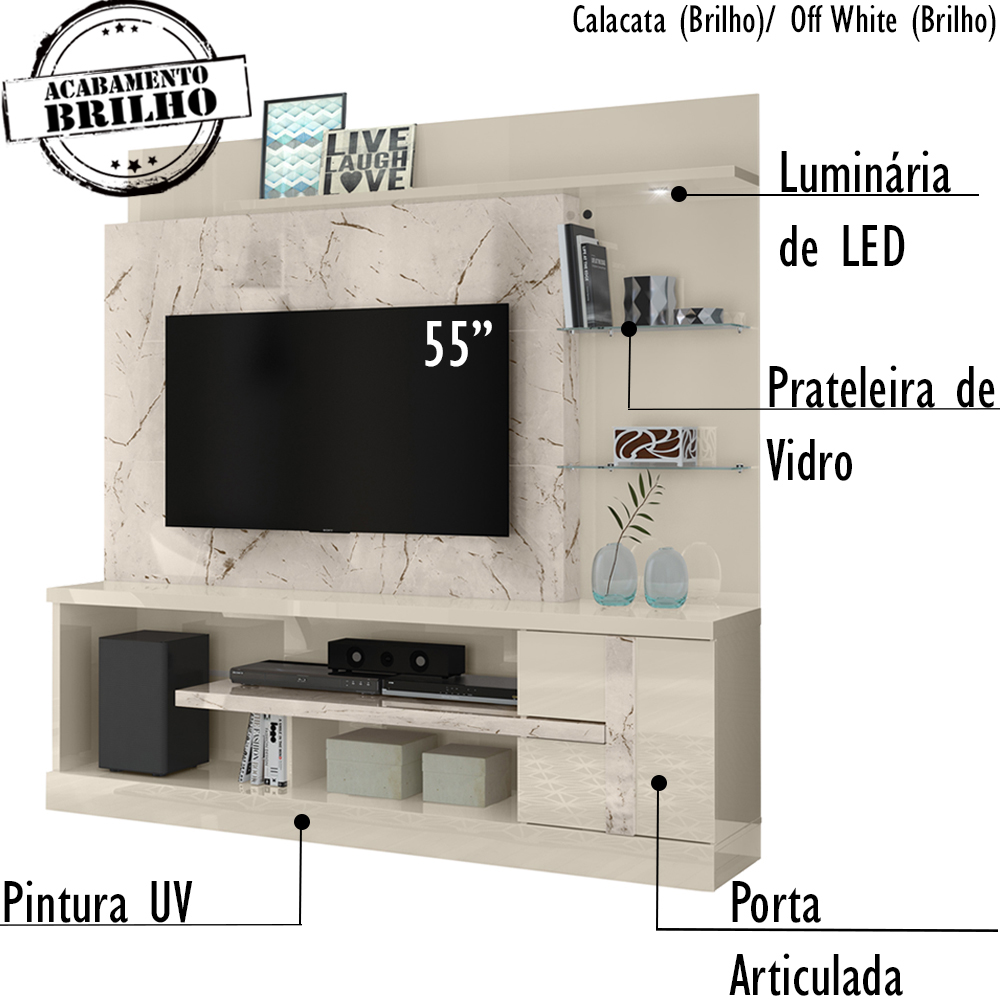 Estante Home Para TV 55 Polegadas 6411 Calacata Off White MDT