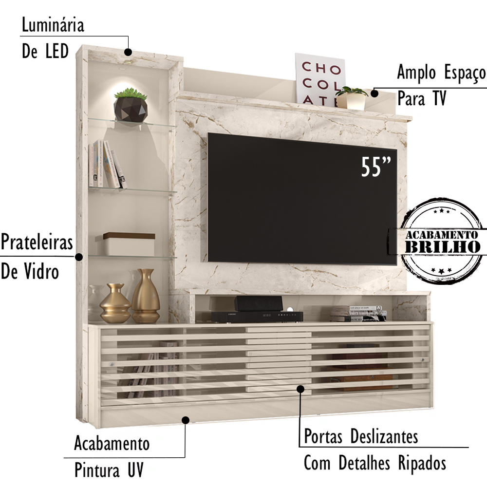 Estante Home Para TV 55 Polegadas 6471 Calacata Off White MDT