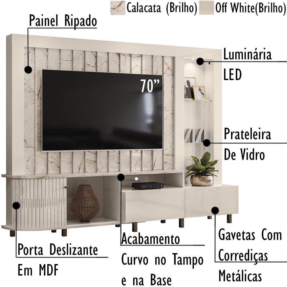 Estante Home TV 70 Pol 2 Gavetas 243 cm 6521 Calacata Off White MDT