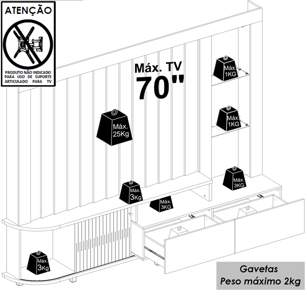 Estante Home TV 70 Pol 2 Gavetas 243 cm 6521 Calacata Off White MDT