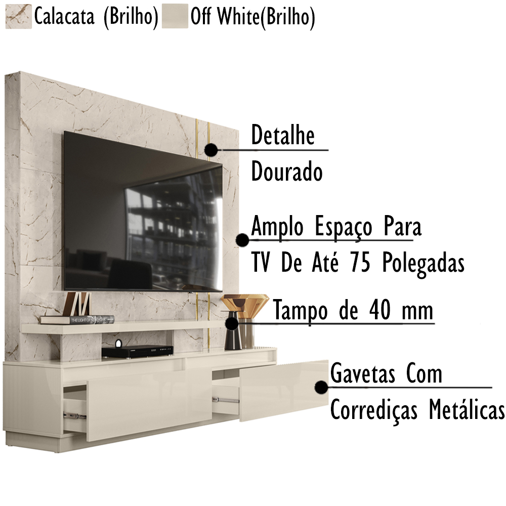 Estante Home TV 75 Pol 2 Gav 183 cm 6531 Calacata Off White MDT