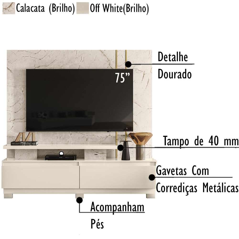 Estante Home TV 75 Pol Com Pes 183 cm 8531 Calacata Off White MDT