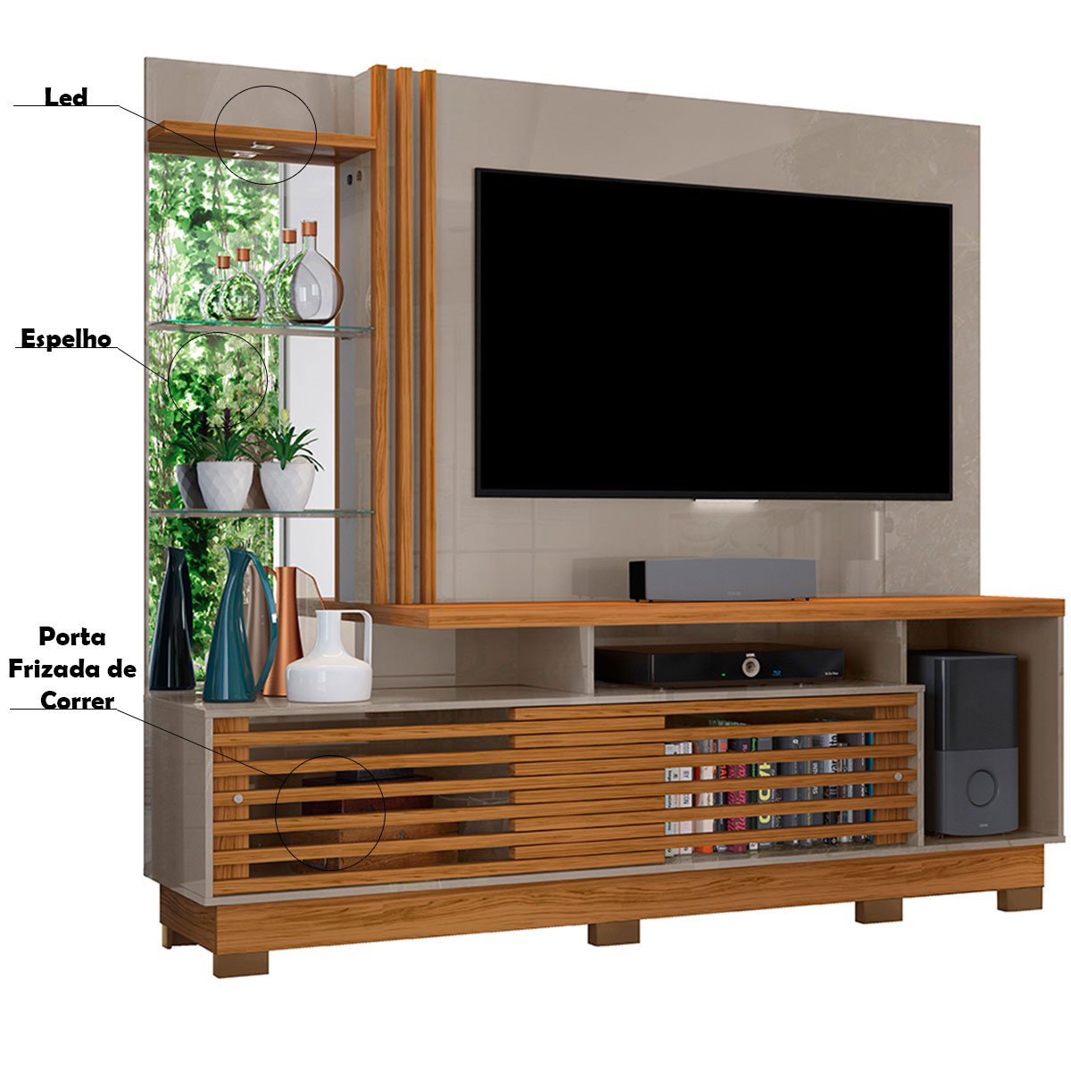Estante Home Theater c/ Pés para Tv 60 Polegadas Paula Fendi/Naturale