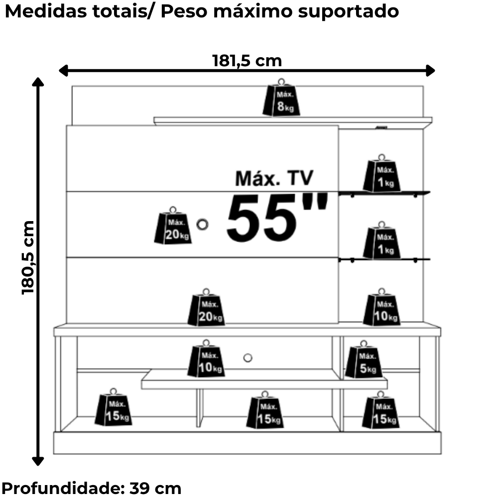 Estante Home Tv 55 Pol 1P 181 cm Alan Cinamomo Off White MADETEC
