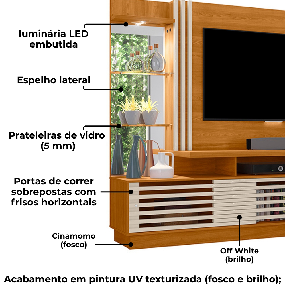 Estante Home Tv 60 Pol 200 cm Frizz Plus Cinamomo Off White MADETEC
