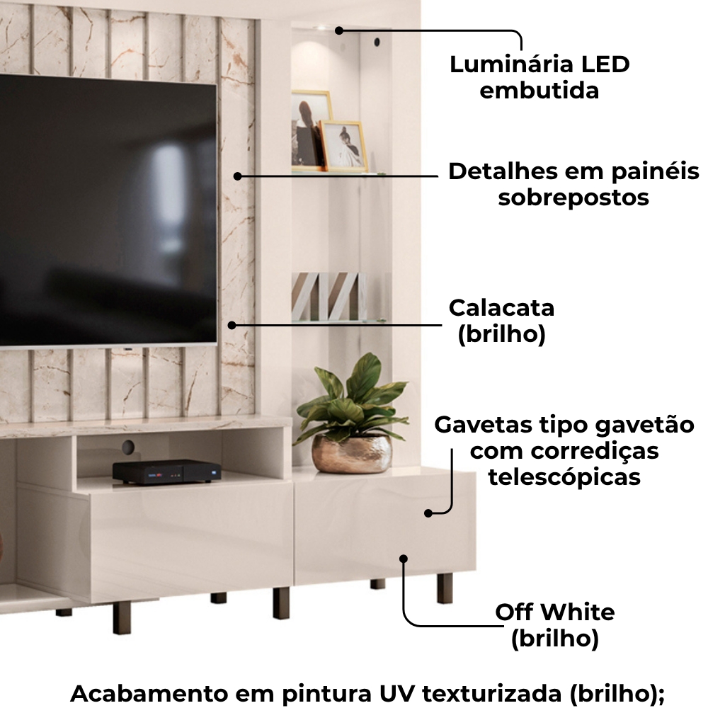 Estante Home Tv 70 Pol 243 cm Le Mans Calacata Off White MADETEC
