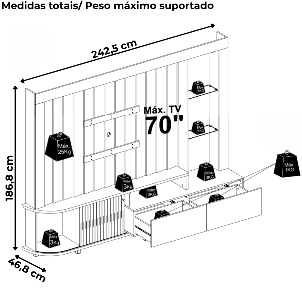 Estante Home Tv 70 Pol 243 cm Le Mans Cumaru MADETEC