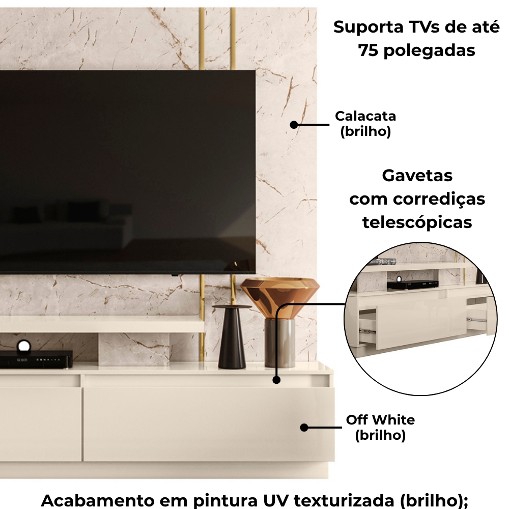 Estante Home Tv 75 Pol 183 cm Apolo Calacata Off White MADETEC