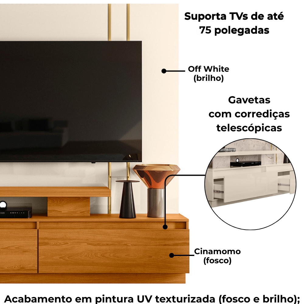Estante Home Tv 75 Pol 183 cm Apolo Cinamomo Off White MADETEC