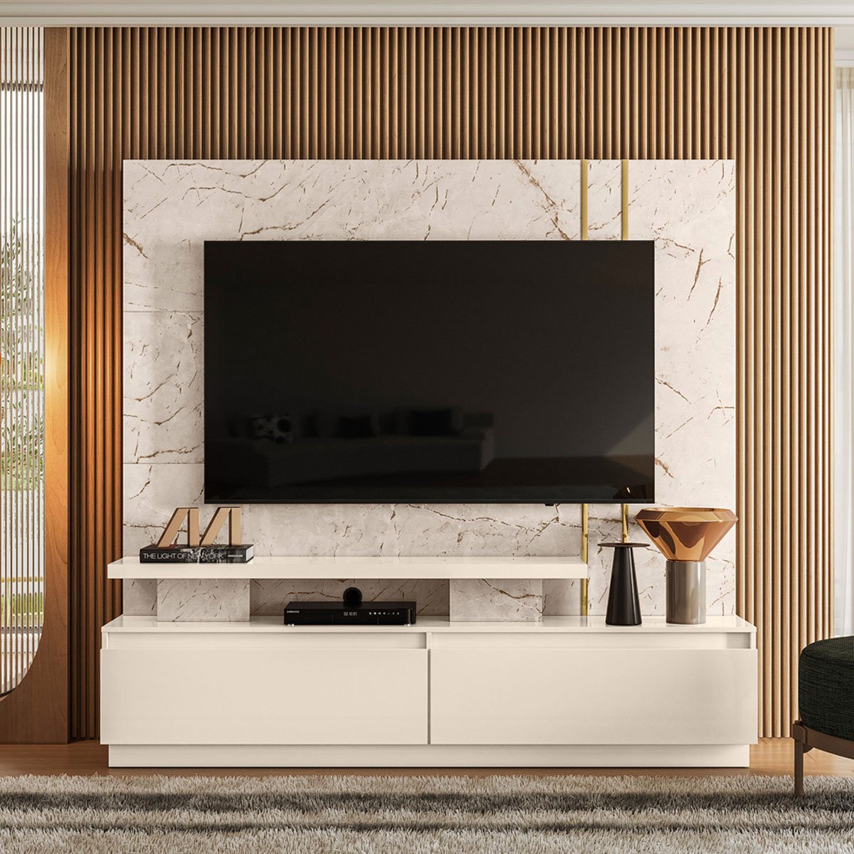 Home Theater para Tv 75 Polegadas com 2 Gavetas New Ártemis Calacata/Off White