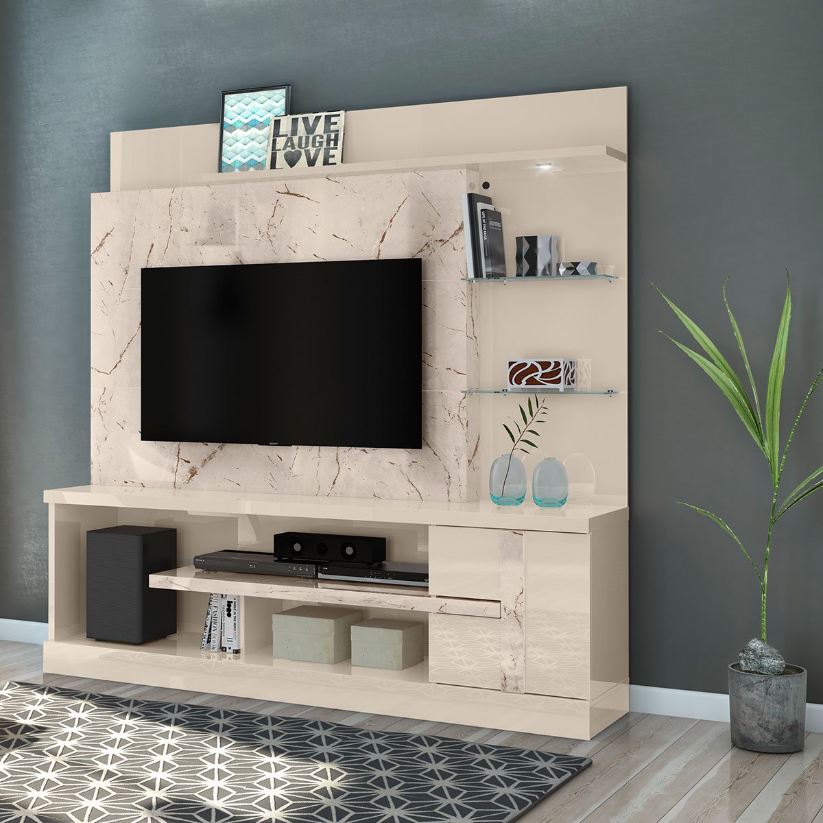 Home Theater para Tv de 55" c/ 2 Prateleiras e Led Aline Calacata/Off White